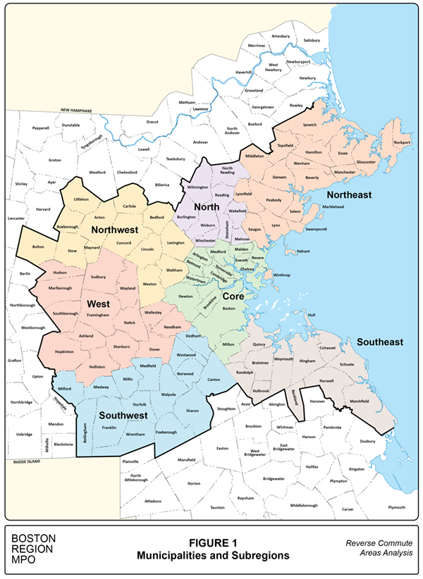 Municipalities and Subregions
This figure is a map of the municipalities of the Boston Region MPO and the subregions into which they were grouped for this study.
Municipalities and Subregions
This figure is a map of the municipalities of the Boston Region MPO and the subregions into which they were grouped for this study.